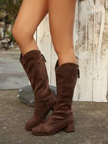 Women's Knee-High Boots, Square Toe, Faux Suede, Thick Warm Lining, Chunky Heel, Casual, Party, Sexy, Minimalist, Chelsea Style Mid-Calf Boots, Autumn/Winter - Coffee Brown - View 2