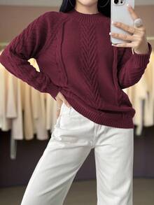 Plus Size Crew Neck Casual Long Sleeve Solid Color Knit Sweater - Burgundy - View 6