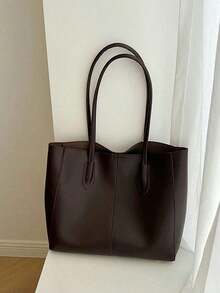 Dark Brown Faux Leather Tote Bag Set With Matching Zipper Pouch, Stylish Large Capacity Minimalist Shoulder Bag, Versatile Top Handle Tote For Daily Commute, Work, Shopping & School, Classic Solid Color Handbag For Women - Coffee Brown - View 3