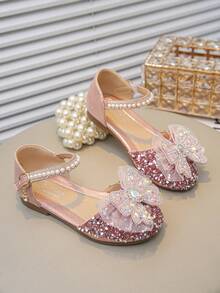 女童玛丽珍平底鞋，亮面低跟花朵婚礼派对鞋，适合幼儿/大童 - 淺粉色 - 查看 1