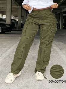 Pantalones cargo de talla grande de unicolor con botones y múltiples bolsillos, para primavera - Verde militar - Ver 2