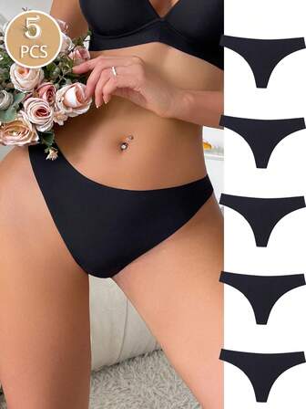 5pcs/Set Women's Solid Color Ice Silk Low-Rise Sexy Thong Panties Underwear, Black