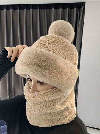 1個 あったかニットビーニー & 1個 防風ネックゲイター & 1個 防寒マスク アウトドア サイクリング スキー 冬用 ポンポン付き厚手フリースビーニー 無地 防風フード付きネックゲイター マスク 女性用 アウトドア冬用サイクリングバラクラバ