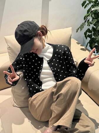 Polka Dot Pattern Cardigan, Casual Women Long Sleeve Sweater For Autumn/Winter