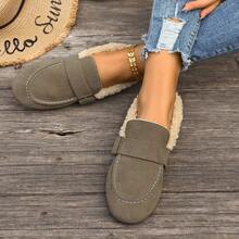 2024 New Preppy Style Buckle Warm Loafers For Women, Vintage Breathable Driving Shoes, Faux Fur Moccasins, Slip-On Casual Flat Shoes For Work