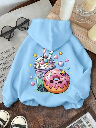 Teena Girl Milk Tea Donut Pattern Printed Warm Hooded Sweatshirt - Comfortable Long-Sleeved Casual Pullover, Machine Washable, Daily Essential, Loose Style, Suitable For Both Boy And Women, Street Style, Suitable For School, Vacation, Shopping, Sports And Other Occasions