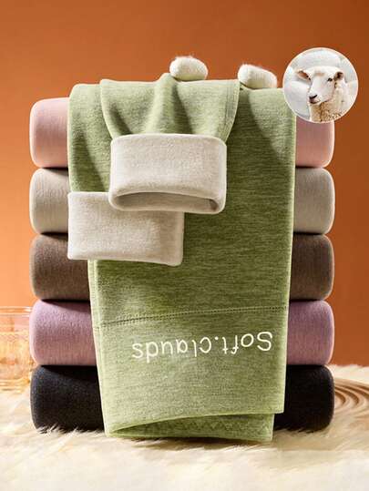 1件装 女士舒适简约字母印花高腰加厚保暖丝质打底裤，绿色