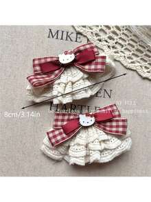 1/2pcs Sanrio Themed Cartoon Cat Lace Bow Hair Clips, Cute Duck Bill Side Hair Clips, Hair Accessories, Sweet Style, Plaid Design, Delicate Lace, Fashion Hair Clips, Side Open Hair Clips, Fashionistas, Cute Lovers, Birthday Gift - Multicolor - View 4