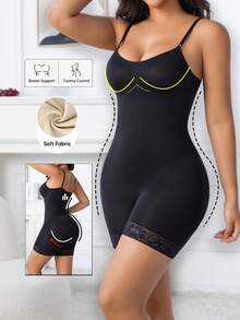 1pc Women Seamless Lace Shapewear Jumpsuit, Spaghetti Strap Design, Tummy Control, Bust Lift, Butt Lift - Black - View 2