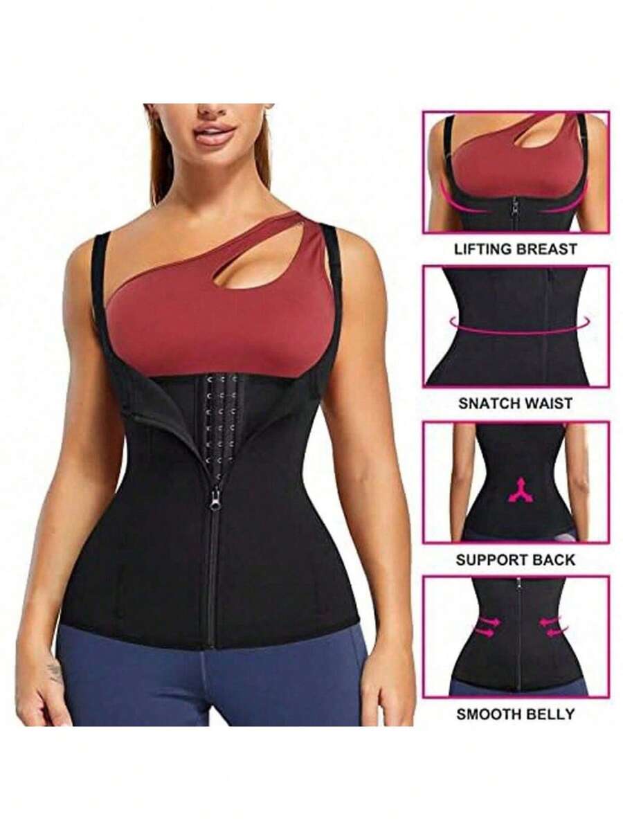 Women's Waist Training Corst | Adjustable Shoulder Straps And Steel Bone Support | Double Compression Body Shaper, With Zipper Closure | Fashionable Black, Smooth Latex Fabric | Abdominal Control Vest, Can Enhance Posture And Waist Circumference, Body Shaping Clothing | Safety Zipper Seal |, Abdominal Shaping Clothes - Black - View 1