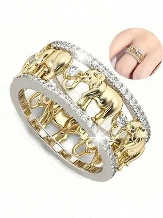 New Fashion Jewelry Exaggerated Elegant Gold Elephant Shape Women's Ring Wrapped With Rhinestone, Minimalist & Refined Couple Rings, Best Birthday/Anniversary/Halloween Gifts
