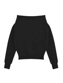 小众露肩宽松针织女式毛衣，休闲风格，秋冬黑色 - 黑色 - 查看 4