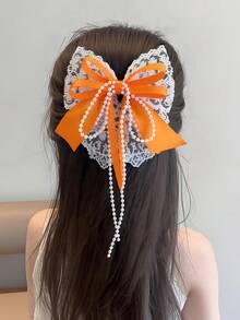 1pc Fashion Big Bow Lace Trim Faux Pearl Tassel Butterfly Hair Clip, Girls Party Accessory Gift - Multicolor - View 9