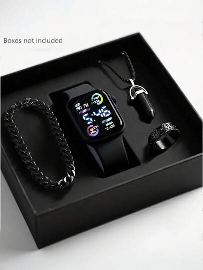 4/1 pieza Reloj digital LED de moda casual para niños, adecuado para uso de niños, incluye pulsera, collar y anillo de estilo, ideal para estudiantes, perfecto para la escuela, fiestas, viajes y vida diaria. Regalo de cumpleaños, graduación, Navidad, regalo perfecto para niños (excluyendo caja)