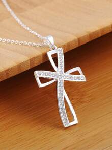 925纯银十字架项链，镶嵌立方氧化锆吊坠，适合日常佩戴和送礼。 - 白色 - 查看 2