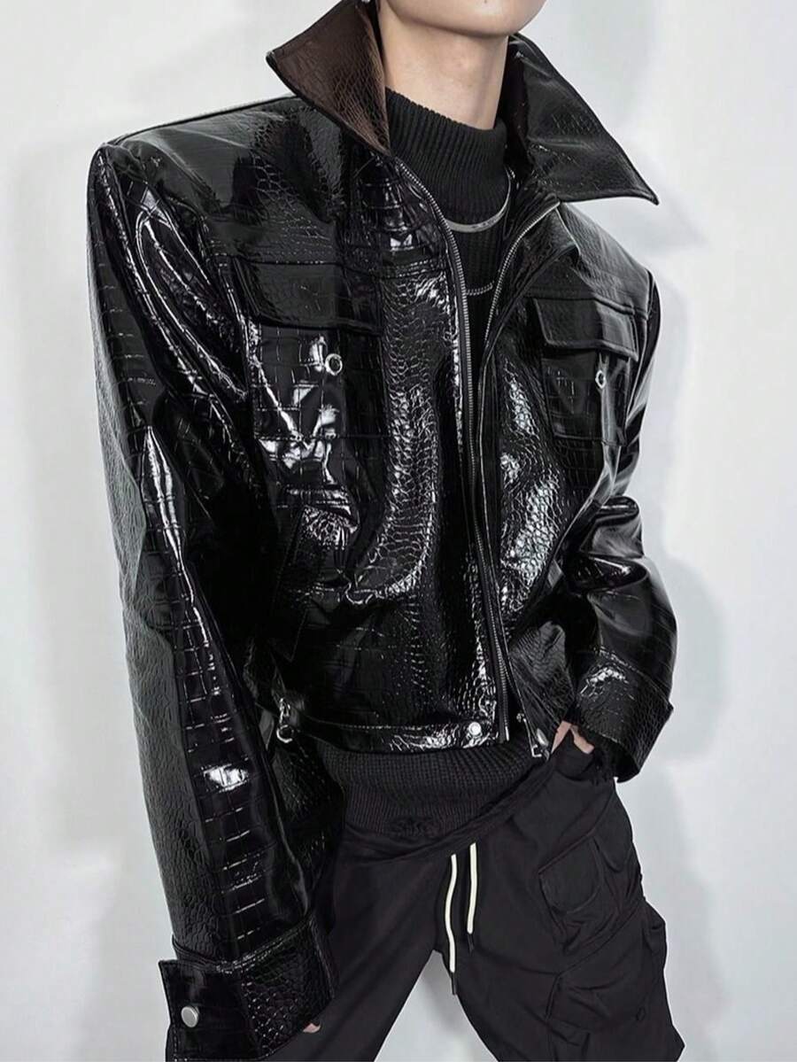 Spring And Autumn, New Style, Slim Fit, Handsome Casual, American Style, Retro, Motorcycle, PU Leather, Jacket, Men's Coat, Couple's Style - màu đen - Xem 1