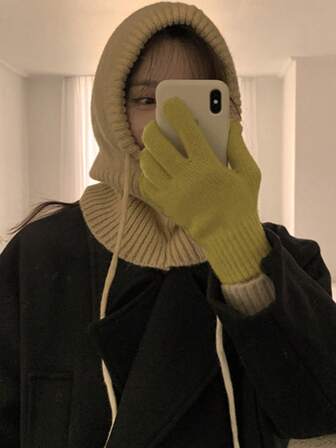 1pc Women's Gray Drawstring Balaclava Hat, Outdoor Ski Warm Knitted Face Neck Protective Mask Hood, Suitable For Winter, Casual And Streetwear, Unisex Adjustable Elastic Neck Warmer Scarf Hat, Winter Neck Cover