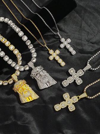 Fashionable Hip Hop Rhinestone Cross, Skull Pendant Necklace, Suitable For Men's Party, Gathering, Street Fashion Pendant Necklace