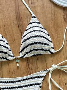 女士性感交叉露背条纹钩编比基尼套装，弹力面料夏季休闲泳装 - 彩色 - 查看 4