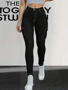 Large Women's Jeans  Plain  Plain    Button  Pocket  Zipper    Daily    Autumn And Winter  Versatile  Black Workwear Style Jeans  Engage Your Core And Lift Your Hips  Multi Pocket Slim Fit Pants That Look Slim And Small - màu đen - Xem 12