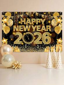 1pc Happy New Year Theme Background Banner, Black & Gold Clock, Fireworks, Balloon, Gift Style Polyester Hanging Flag, Suitable For 2026 New Year Party Celebration Background, Home Room Decor, New Year Party Wall Backdrop, New Year Gift, Garden Yard Decor Flag, Hanging Decoration, Party Photo Prop, 2026 New Year Decor, Party Favor - Black Gold New Year - View 8