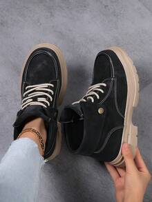 Bottes mi-mollet pour femmes, bottes de travail de mode à lacets pour l'extérieur, bottes de randonnée hautes décontractées, convenant pour toutes les saisons - Noir - Voir 5