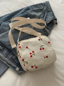 1 chiếc túi xách mini vuông tối giản in hình quả anh đào, có ngăn ngoài 3D, khóa kéo, dây đeo vai dài có thể điều chỉnh, túi đeo chéo nhỏ gọn, nhẹ, phù hợp cho nữ giới sử dụng hàng ngày và học sinh. - trắng - Xem 4