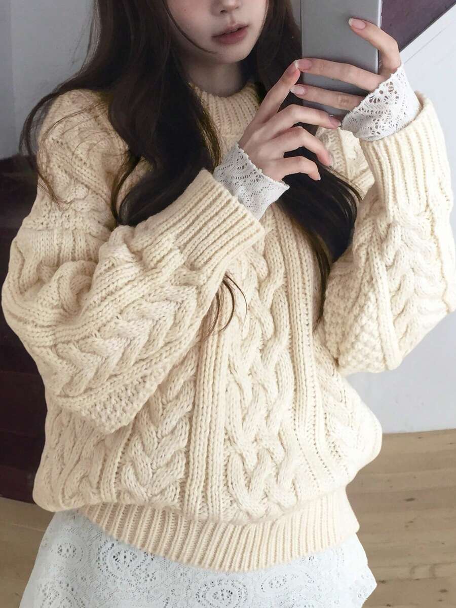 Korean Retro Niche High-End Braided Texture Wool Sweater, Slouchy Japanese Style Pullover Top - Beige - View 1