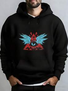 Men's Hooded Sweatshirt, Men's Fashion Hoodie With Triangular Eye Print, Blue Wings And Red Lightning Bolts For Daily Use, Social Outings, Winter And Spring, Christmas Outfit Ideas, Perfect For Outdoor Activities, Parties, And The Best Gift For Friends. - 黑色 - 查看 1