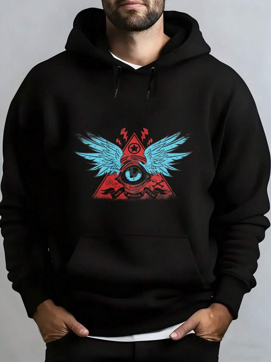 Men's Hooded Sweatshirt, Men's Fashion Hoodie With Triangular Eye Print, Blue Wings And Red Lightning Bolts For Daily Use, Social Outings, Winter And Spring, Christmas Outfit Ideas, Perfect For Outdoor Activities, Parties, And The Best Gift For Friends. - 黑色 - 查看 1