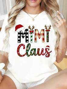 Mimi Claus Christmas Plaid Santa Hat Reindeer Antlers Holiday T Shirt Women's Festive Xmas TopChristmas Fun Prints, Women's T-Shirts With Round Neck And Short Sleeves, Suitable For Christmas Partiessports Activitiesholiday Partiesoutingssports And Other Holiday Gifts. - trắng - Xem 1