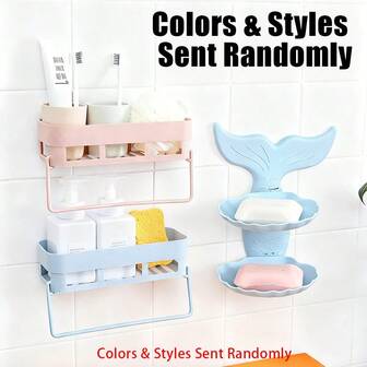 Estante de almacenamiento multifuncional para el baño sin taladro - Juego de 2 niveles con plato de jabón, organizador montado en la pared para el tocador, colores y estilos enviados al azar