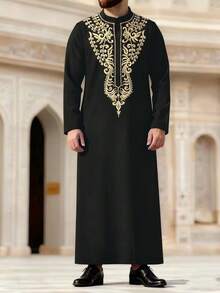 Muslim Men's Thobes Long-Sleeved Stand-Up Collar Embroidered Loose Saudi Arabian Men's Traditional Clothing Suitable For Daily Outings Festival Parties Ramadan Gifts Islamic Men's Clothing - Black - View 1