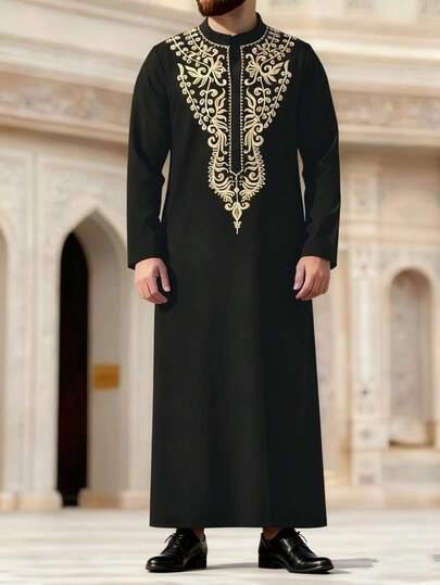 Muslim Men's Thobes Long-Sleeved Stand-Up Collar Embroidered Loose Saudi Arabian Men's Traditional Clothing Suitable For Daily Outings Festival Parties Ramadan Gifts Islamic Men's Clothing