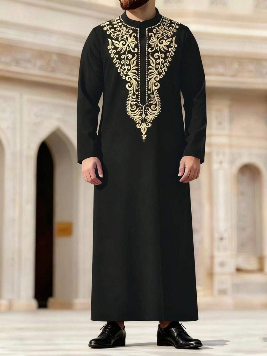 Muslim Men's Thobes Long-Sleeved Stand-Up Collar Embroidered Loose Saudi Arabian Men's Traditional Clothing Suitable For Daily Outings Festival Parties Ramadan Gifts Islamic Men's Clothing - Black - View 1