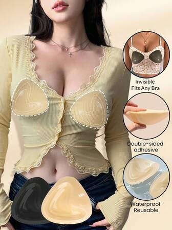 1 Pair Of Double Sided Self-Adhesive Bra Pads, Chest Pads Adhesive Pads, Reusable Padding Pads, Bra Bikini Invisible Thickened Chest Pads Waterproof For Swimming