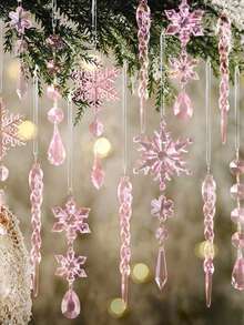 1/5/10pcs-Pink Crystal Christmas Ornaments For Tree Decorations, Christmas Tree Decoration Crystal Ornaments, Hanging Acrylic Snowflake Icicle Ornaments With Drop Pendants, Hanging Acrylic Christmas Snowflake Icicle Drop Crystal Ornaments For Winter Wonderland Chandelier Crystals Decorations Supplies, Xmas Tree Winter Party Supplies, Christmas(Pink) - Pink - View 1