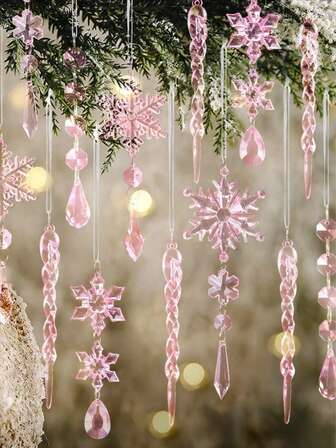 1/5/10pcs-Pink Crystal Christmas Ornaments For Tree Decorations, Christmas Tree Decoration Crystal Ornaments, Hanging Acrylic Snowflake Icicle Ornaments With Drop Pendants, Hanging Acrylic Christmas Snowflake Icicle Drop Crystal Ornaments For Winter Wonderland Chandelier Crystals Decorations Supplies, Xmas Tree Winter Party Supplies, Christmas(Pink)