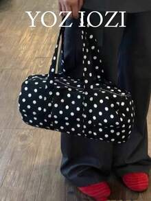 Back To School Polka Dot Print Cute Round Cylinder Tote Bag, Fashion Commuter Large Capacity Handbag For Women , Polka Dot - Black - View 1