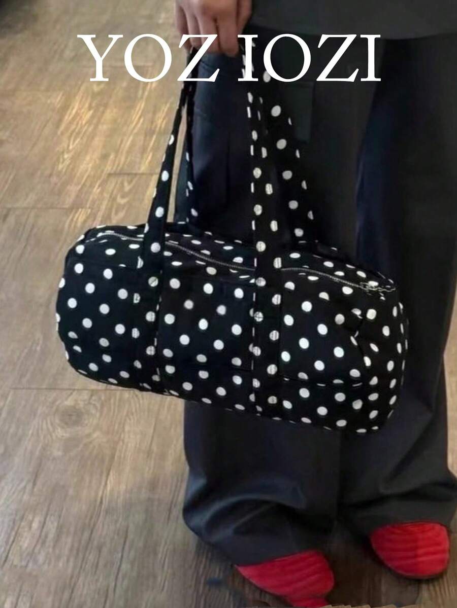 Back To School Polka Dot Print Cute Round Cylinder Tote Bag, Fashion Commuter Large Capacity Handbag For Women , Polka Dot - Black - View 1
