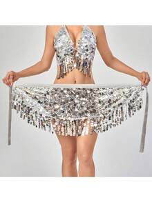 1pc Women's Belly Dance Sequin Hip Scarf Chiffon Tassel Belt Waist Chain Shawl Carnival Shiny Costume Mardi Gras Stage Dance Accessories - Multicolor - View 7