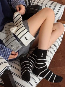 3 Pairs/9 Pairs Women's Regular Striped, Heart, Cartoon Pattern Soft Comfortable Mid-Calf Socks, Spring - Multicolor - View 12