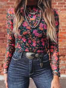 Acelitt Women's Rose Print Mesh Long Sleeve Stand Collar Fitted Blouse, Spring/Autumn