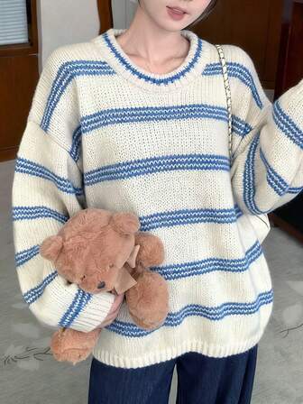 条纹撞色罗纹宽松休闲长袖女式毛衣
