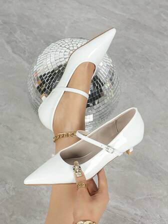 Women's White High Heel Pumps, Kitten Heel, Buckle Strap, Pointed Toe, Work Shoes, Formal Shoes, Small Leather Shoes, Strap Buckle, Low Vamp Shoes