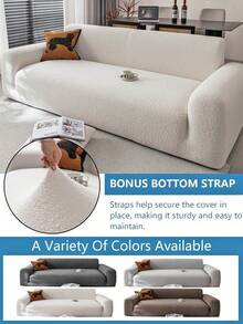 1pc Romantic Wedding Season Beige Teddy Plush Sofa Cover, Stretchy Multifunctional Full Wrap Sofa Slipcover With Geometric Pattern Design, Warm Fuzzy Fabric For Winter, Sofa Protector Holiday Decor, Includes 1 Pillow Case - Beige - View 7