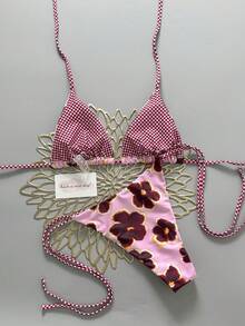 2pcs Retro Floral Colorblock Plaid Print Personalized Women Bikini Swimwear, Suitable For Beach, Pool, Cruise, Party In Spring And Summer - Pink and Purple - View 3