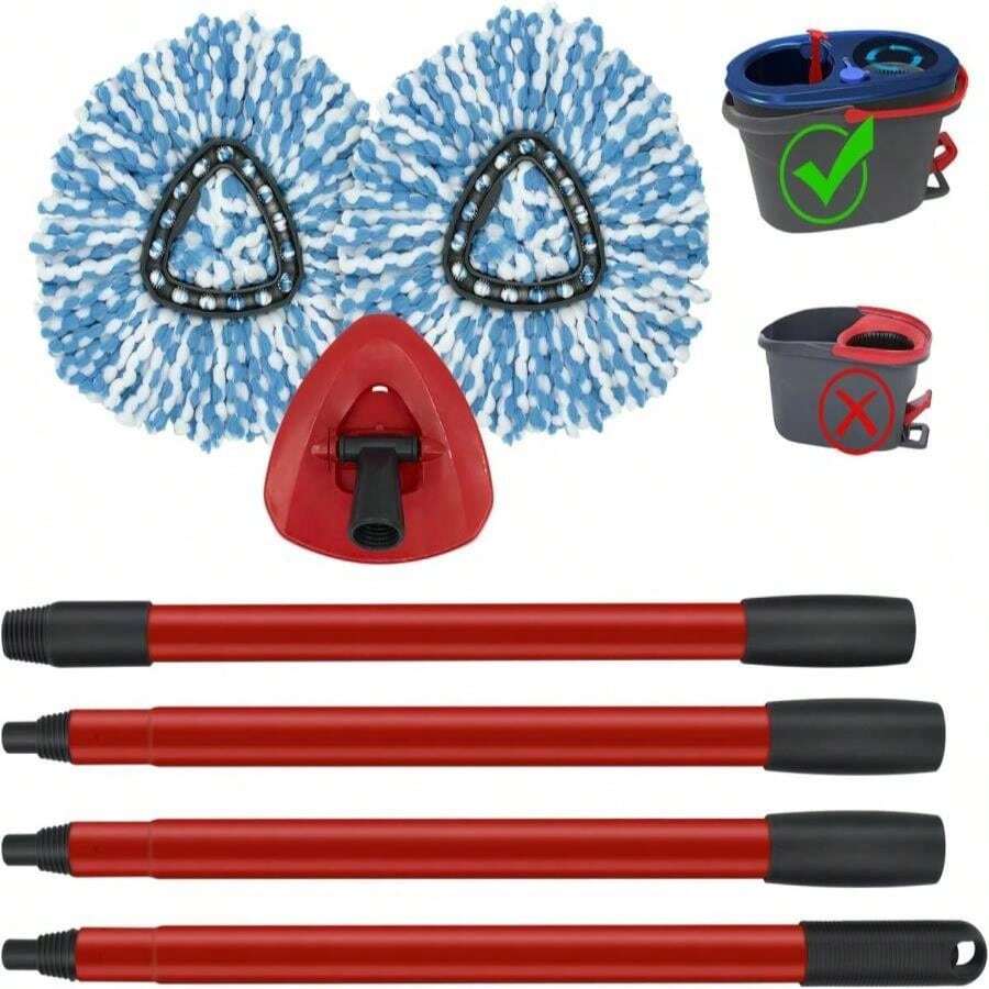 Mop Replace Heads Mop Handle And Mop Base Replacement For O Cedar EasyWring 1-Tank Spin Mop System, 2 Microfiber Mop Head Refills, 4-Section Iron Mop Handle 30-58in And 1 Mop Head Cover Set(No Bucket) - ColorA - 查看 1
