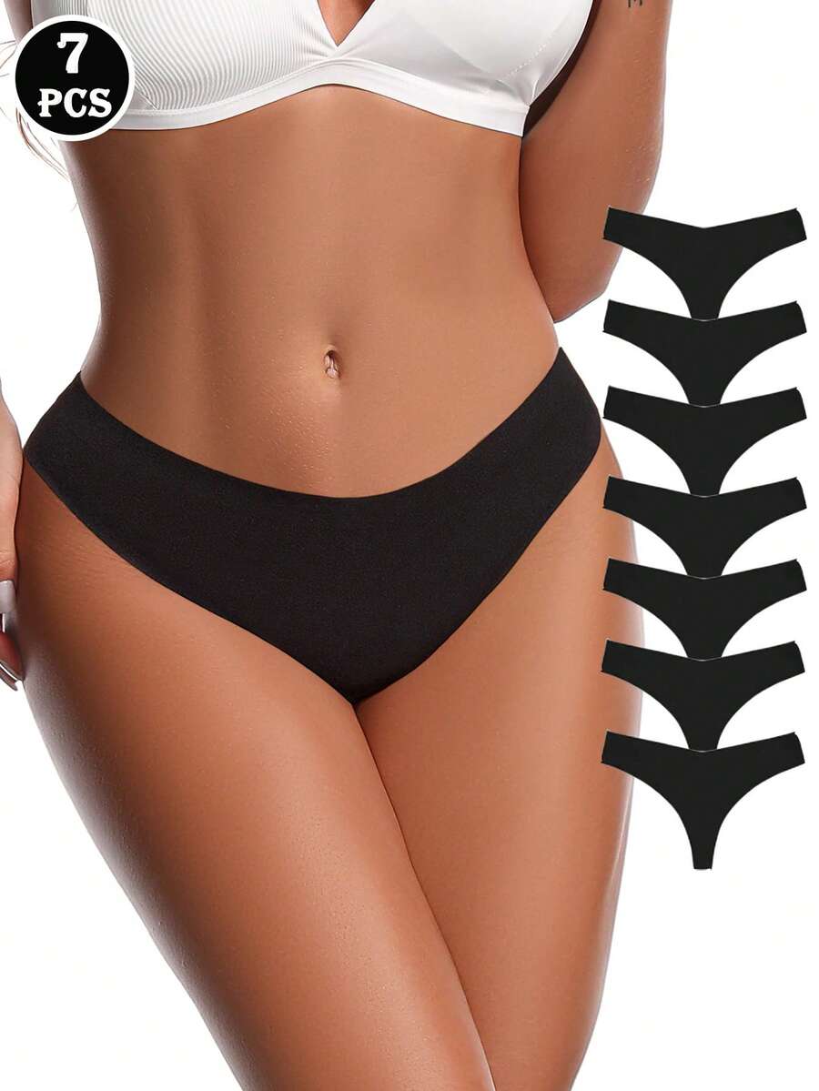 7 件装女士纯色内裤无缝内衣内裤纯色三角裤中腰性感 V 形腰部舒适透气女士内衣冰丝丁字裤贴身，黑色