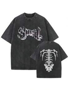 Unisex Ghost Band T-Shirt Washed Vintage Skeleton Graphic T Shirts Men Rock Oversized T-Shirts 90s Classic Gothic Punk Metal Tee Shirt  Fashion - 黑色 - 查看 2